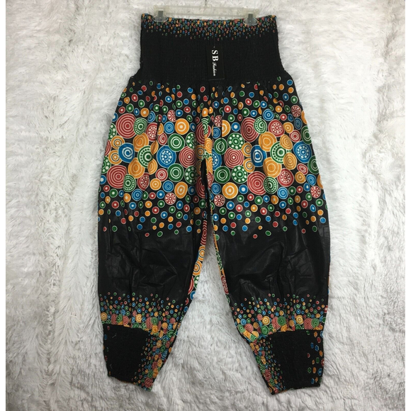 S.B Fashion Funky Bohemian Boho Hippie Pull-On Pants Loud Print Elastic Waist - Picture 1 of 8